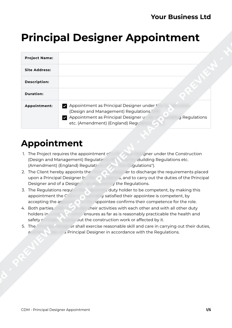 Principal Designer Appointment CDM Template HASpod