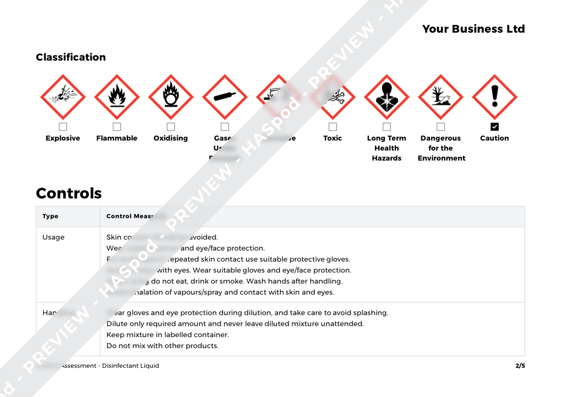 Disinfectant Liquid COSHH Assessment Template HASpod