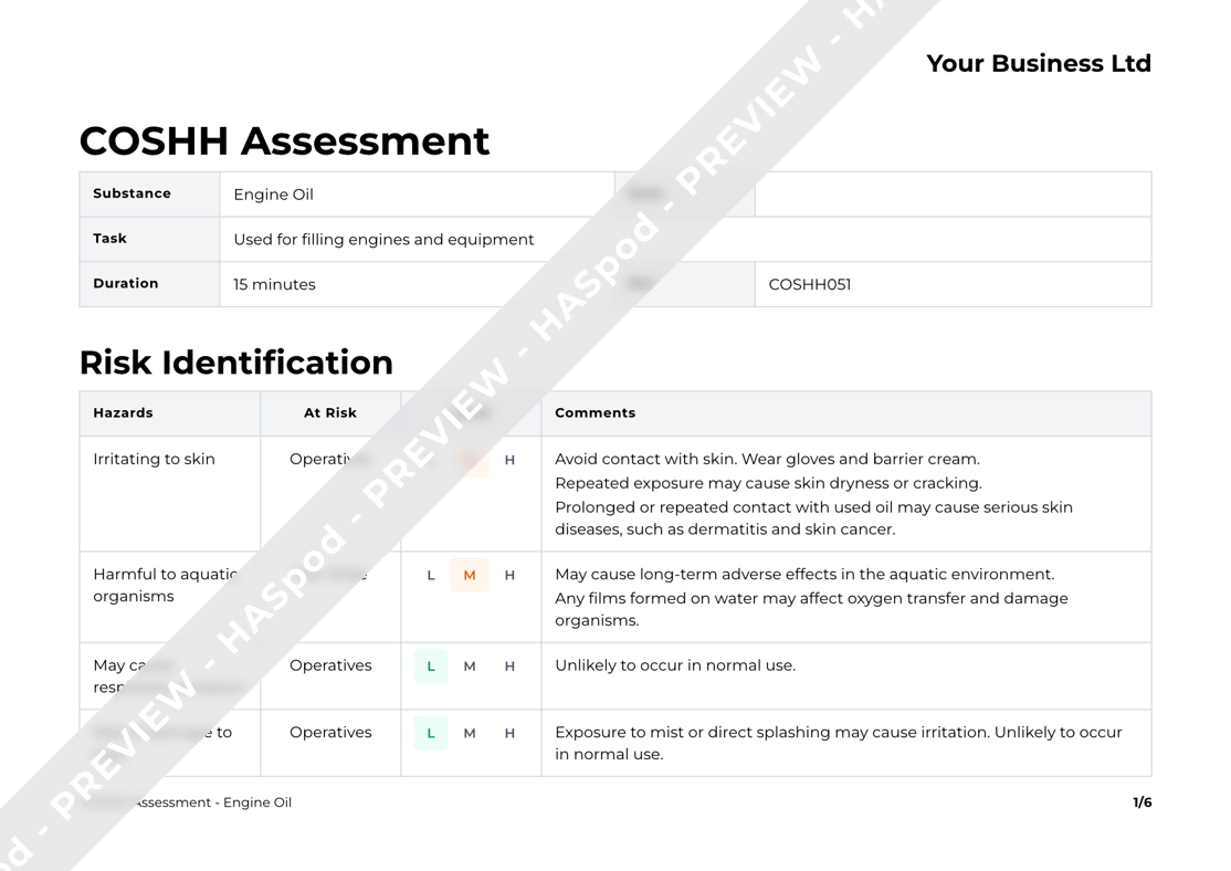 Engine Oil COSHH Assessment Template HASpod