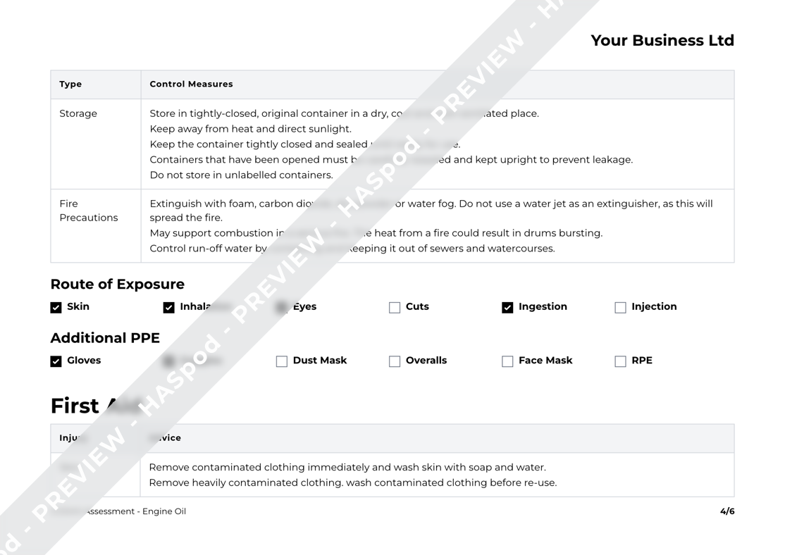 Engine Oil COSHH Assessment Template HASpod
