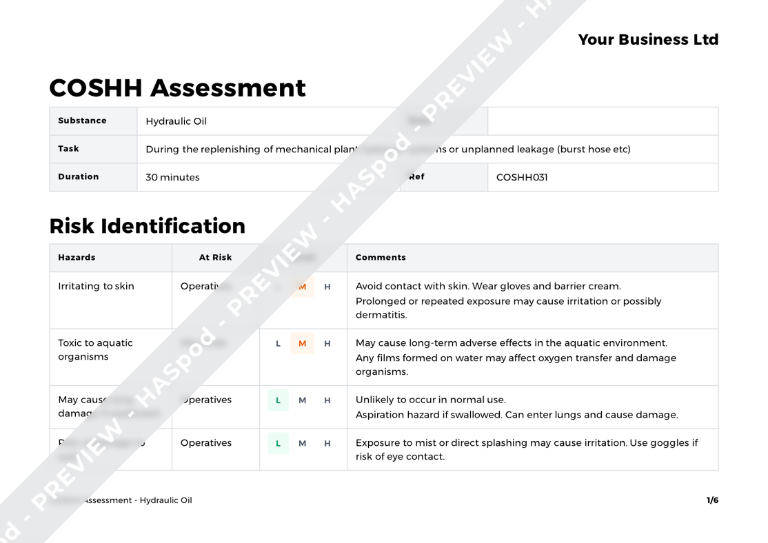 Hydraulic Oil COSHH Assessment Template HASpod