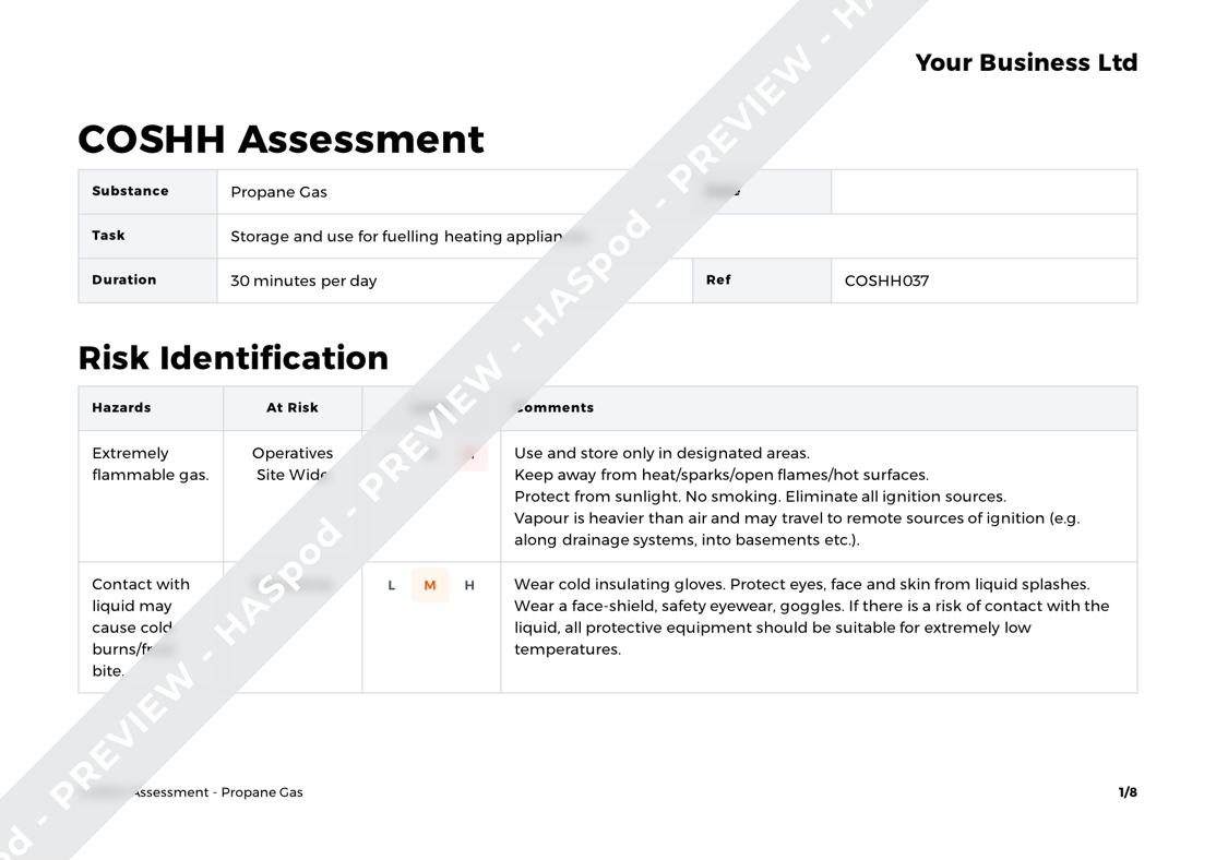 Propane Gas COSHH Assessment Template HASpod