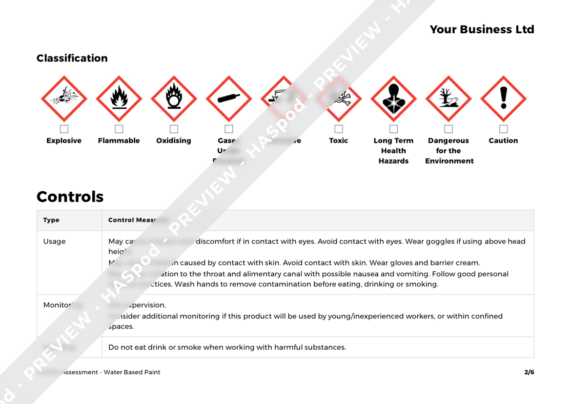 Water Based Paint COSHH Assessment Template HASpod