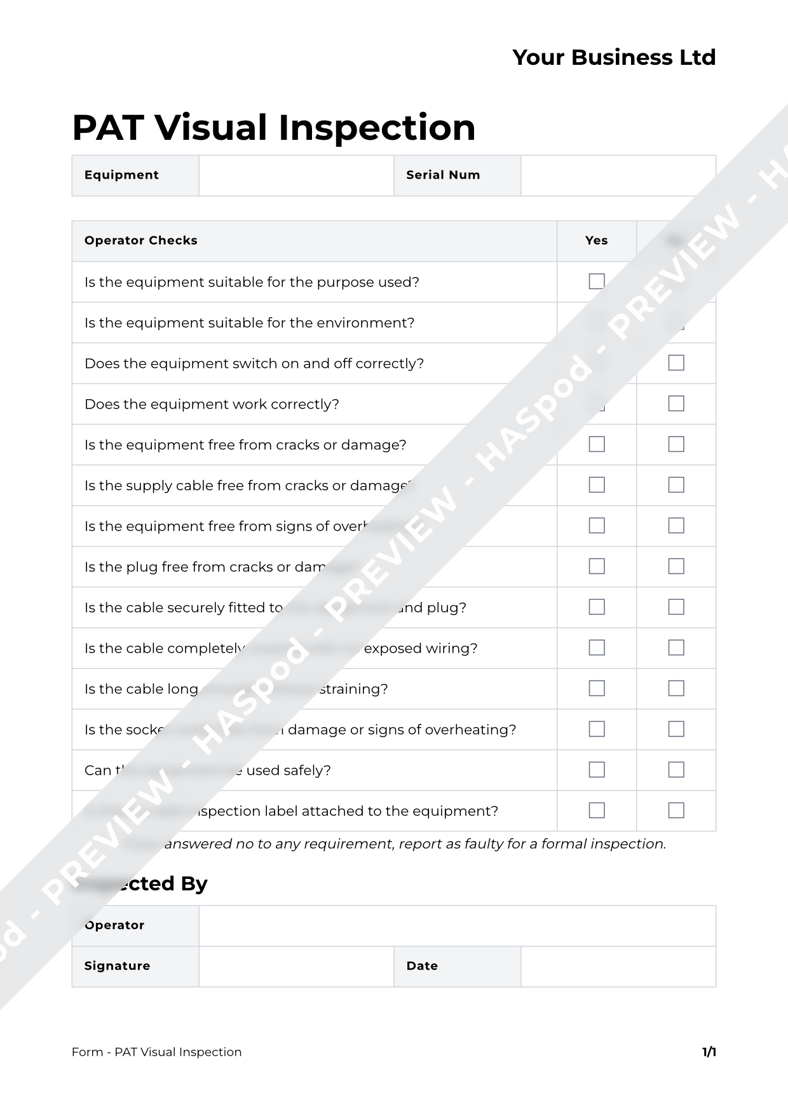 PAT Test Visual Inspection Form Template HASpod