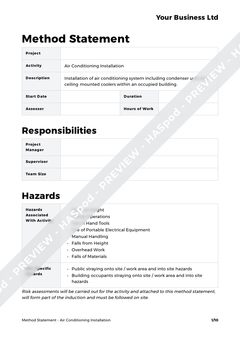Air Conditioning Installation Method Statement Template HASpod