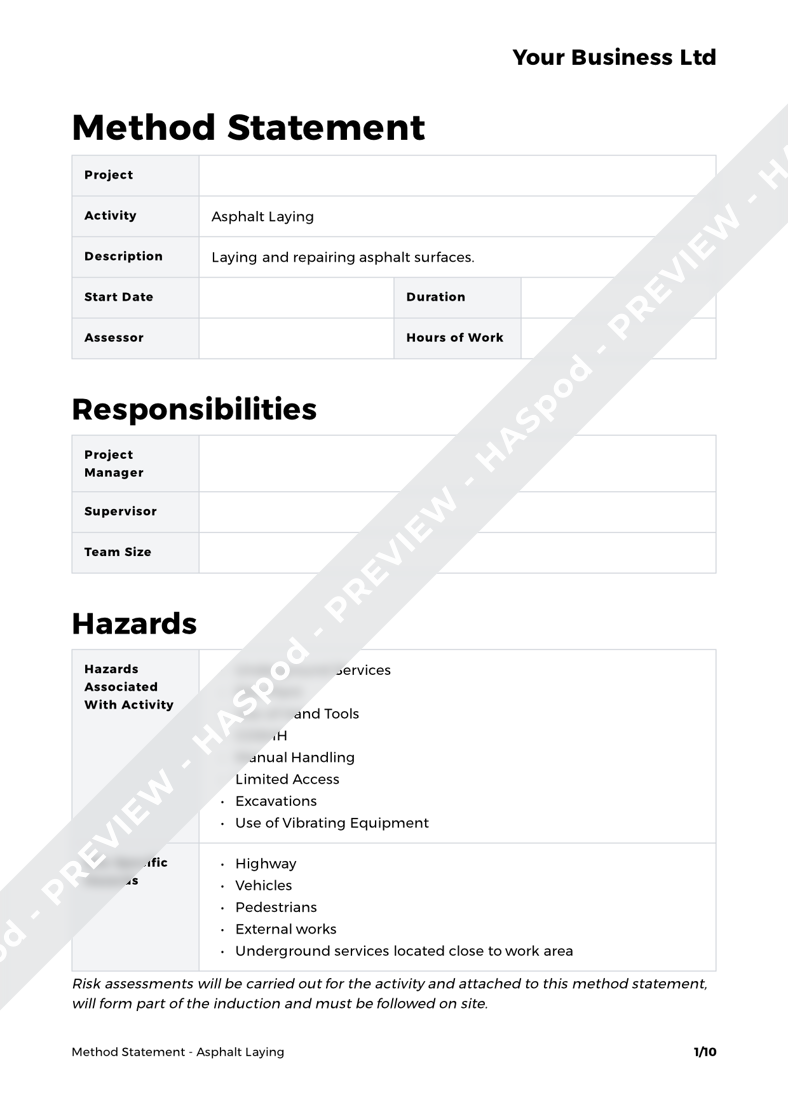 Asphalt Laying Method Statement Template - HASpod