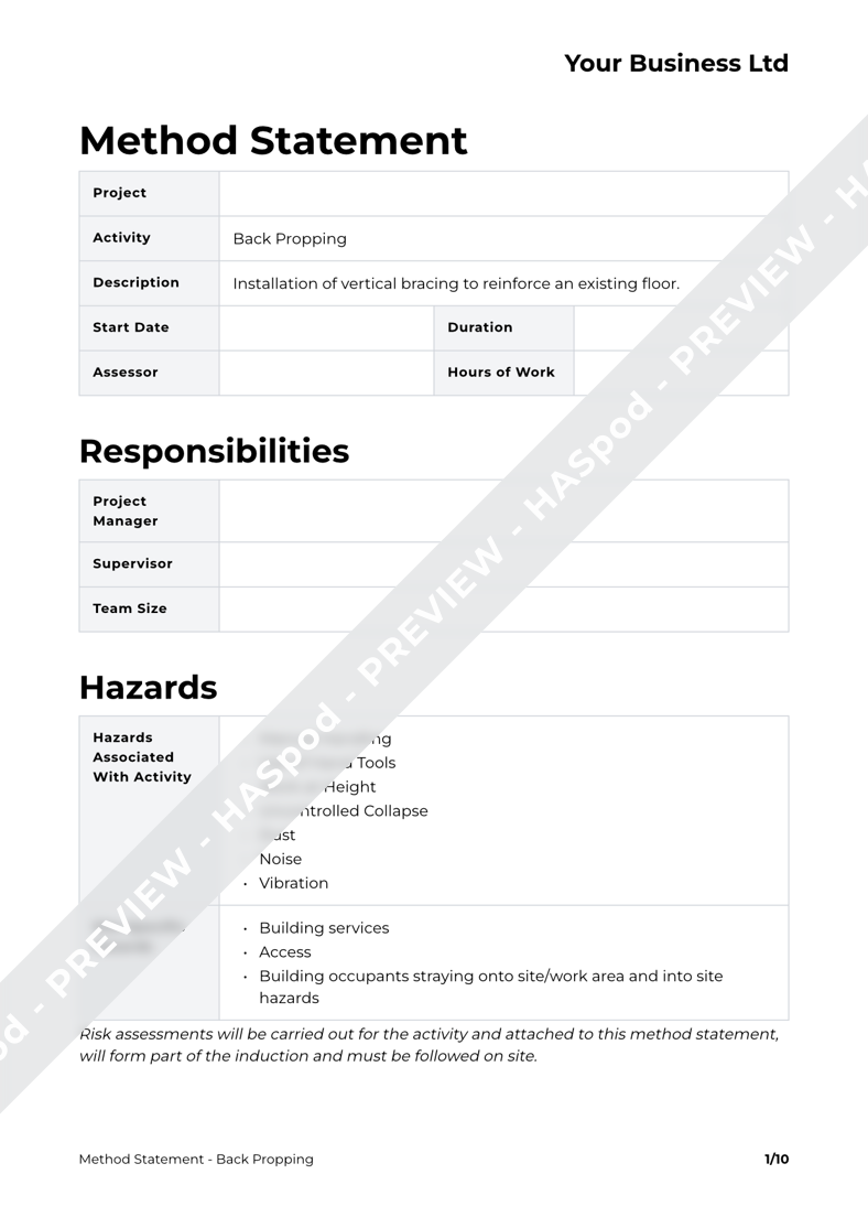 Back Propping Method Statement Template - HASpod