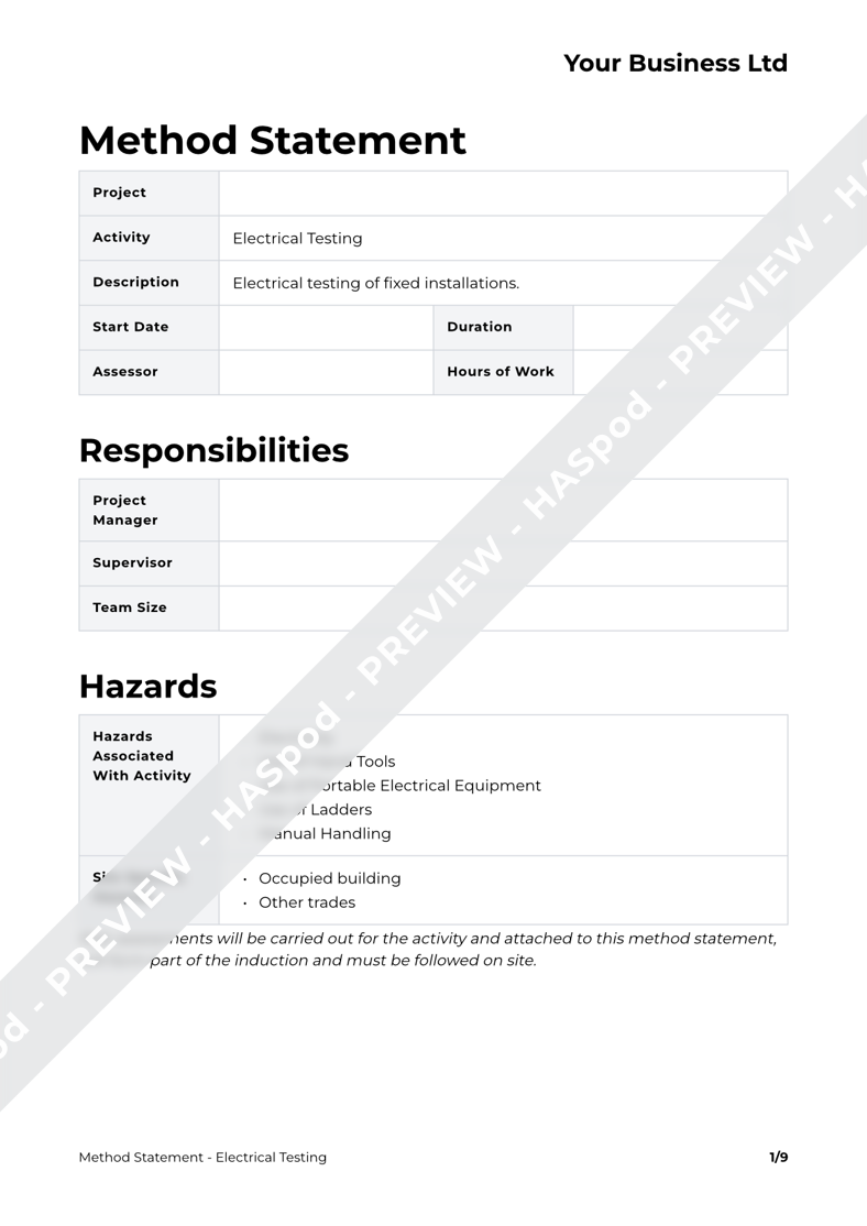 Electrical Testing Method Statement Template - HASpod