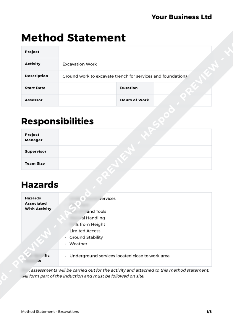 Excavations Method Statement Template - HASpod