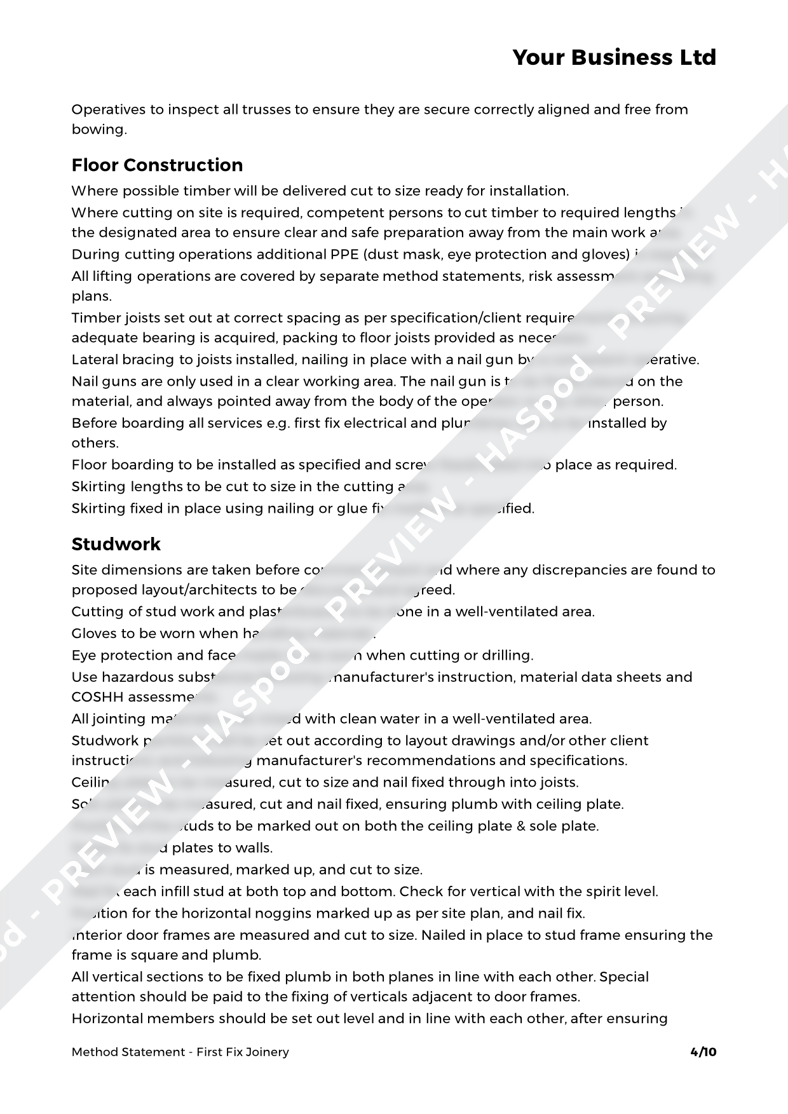 First Fix Joinery Method Statement Template - HASpod