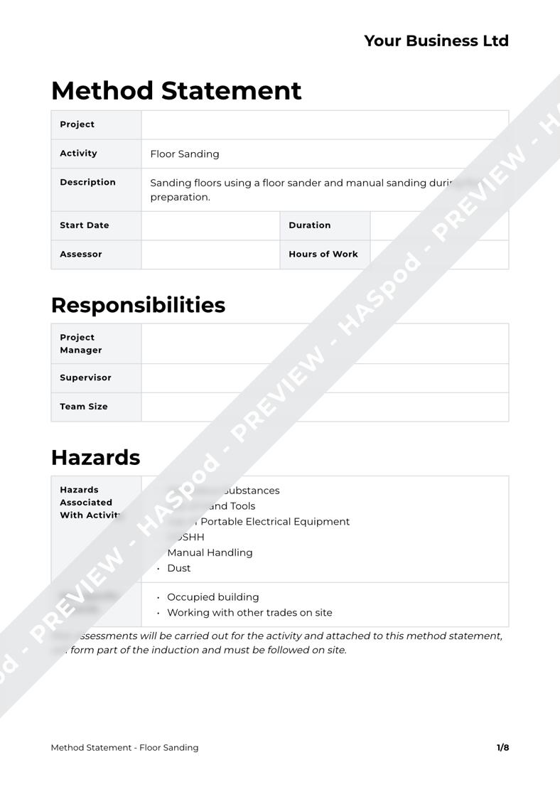 Floor Sanding Method Statement Template - HASpod