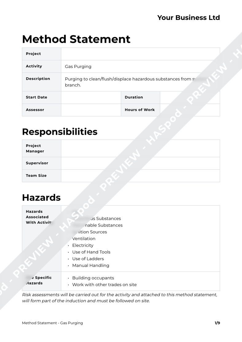 Gas Purging Method Statement Template HASpod