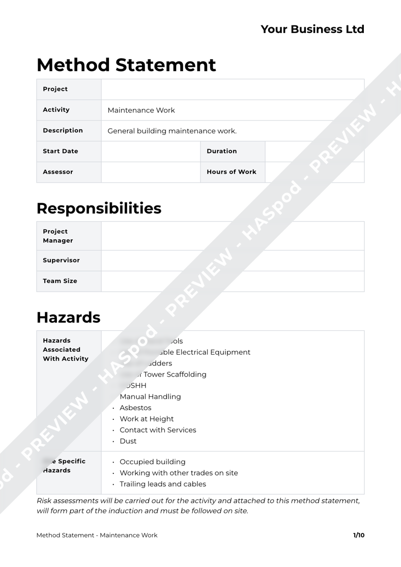 Maintenance Work Method Statement Template - HASpod