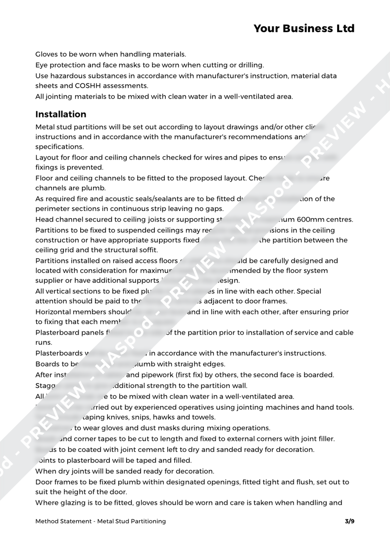 Metal Stud Partitioning Method Statement Template - HASpod