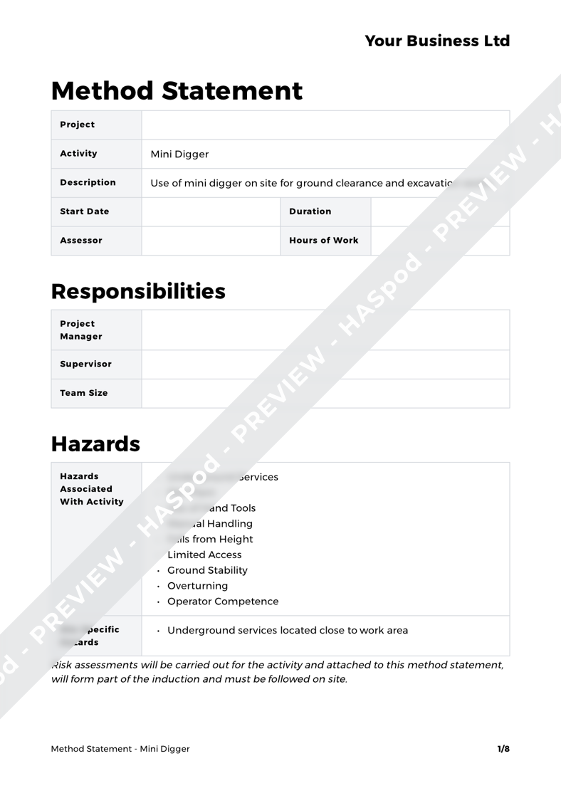Mini Digger Method Statement Template - HASpod