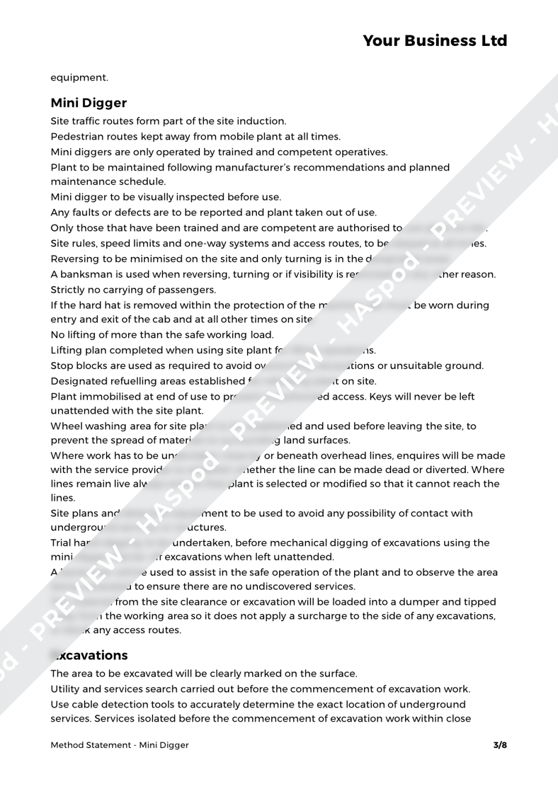 Mini Digger Method Statement Template - HASpod