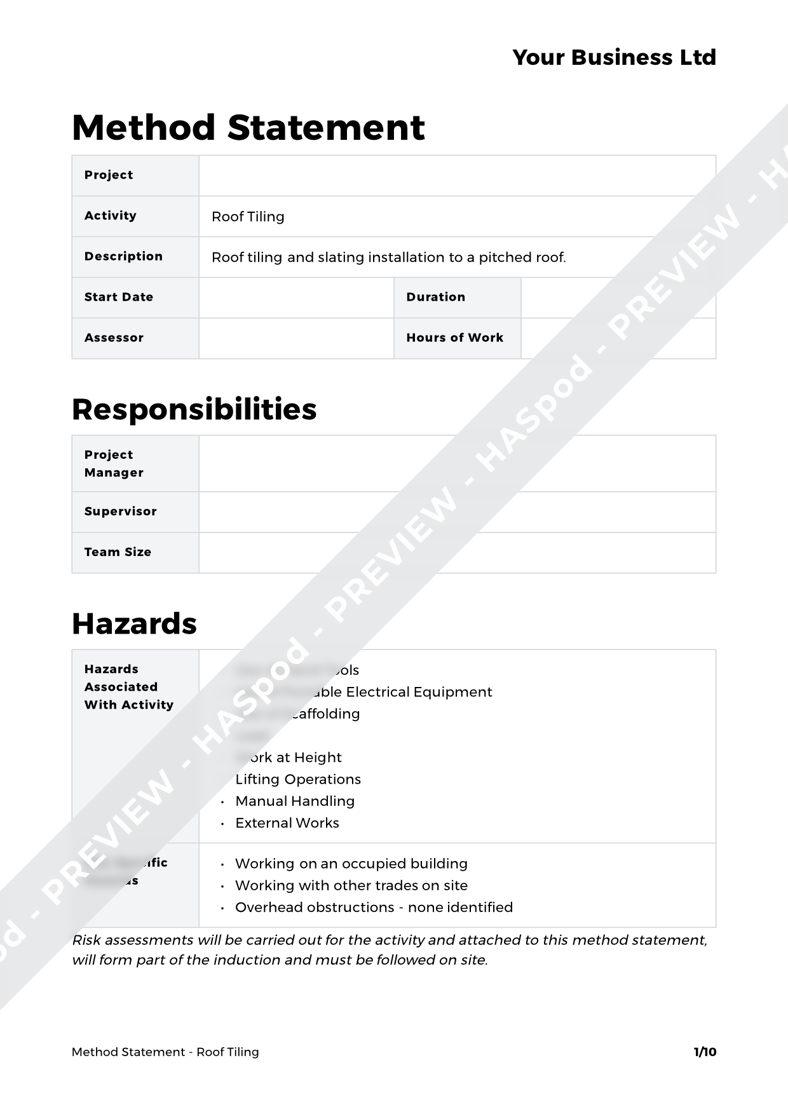 Roof Tiling Method Statement Template - HASpod