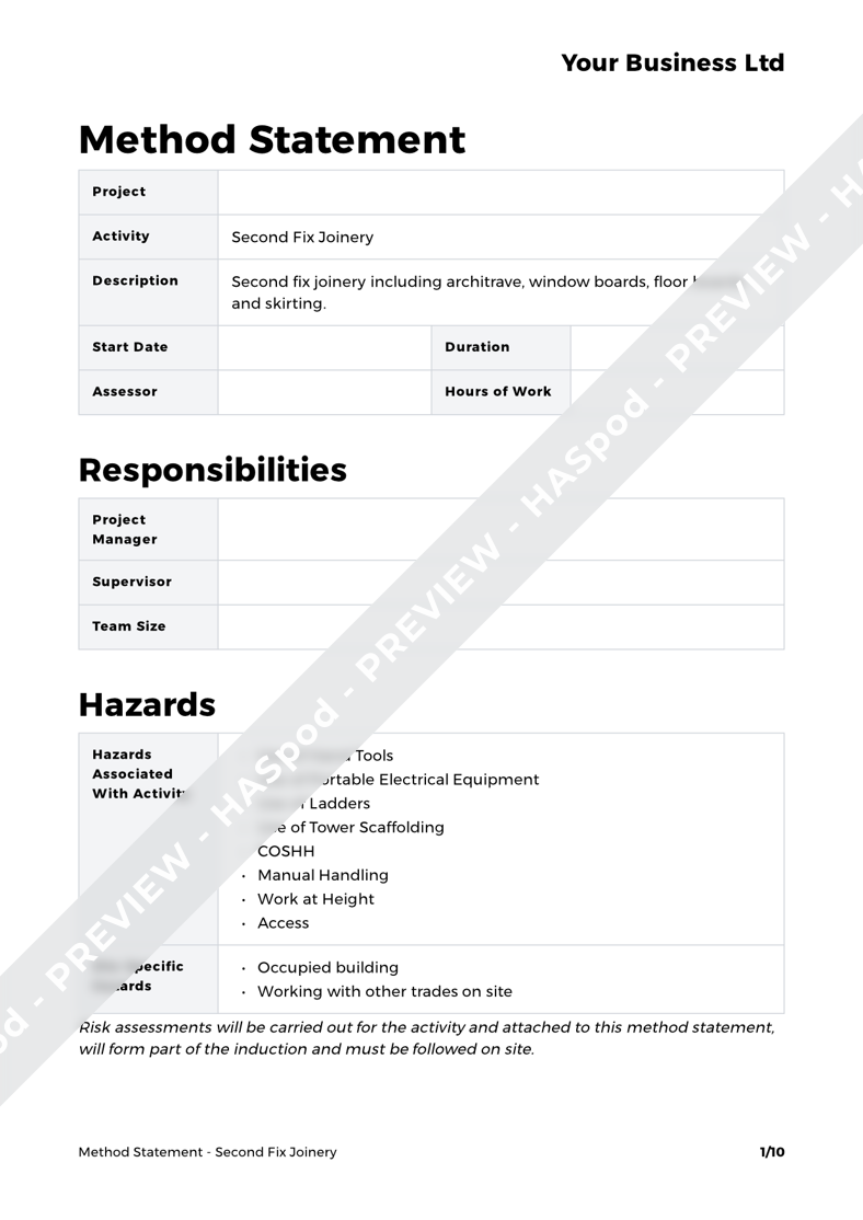 Second Fix Joinery Method Statement Template - HASpod