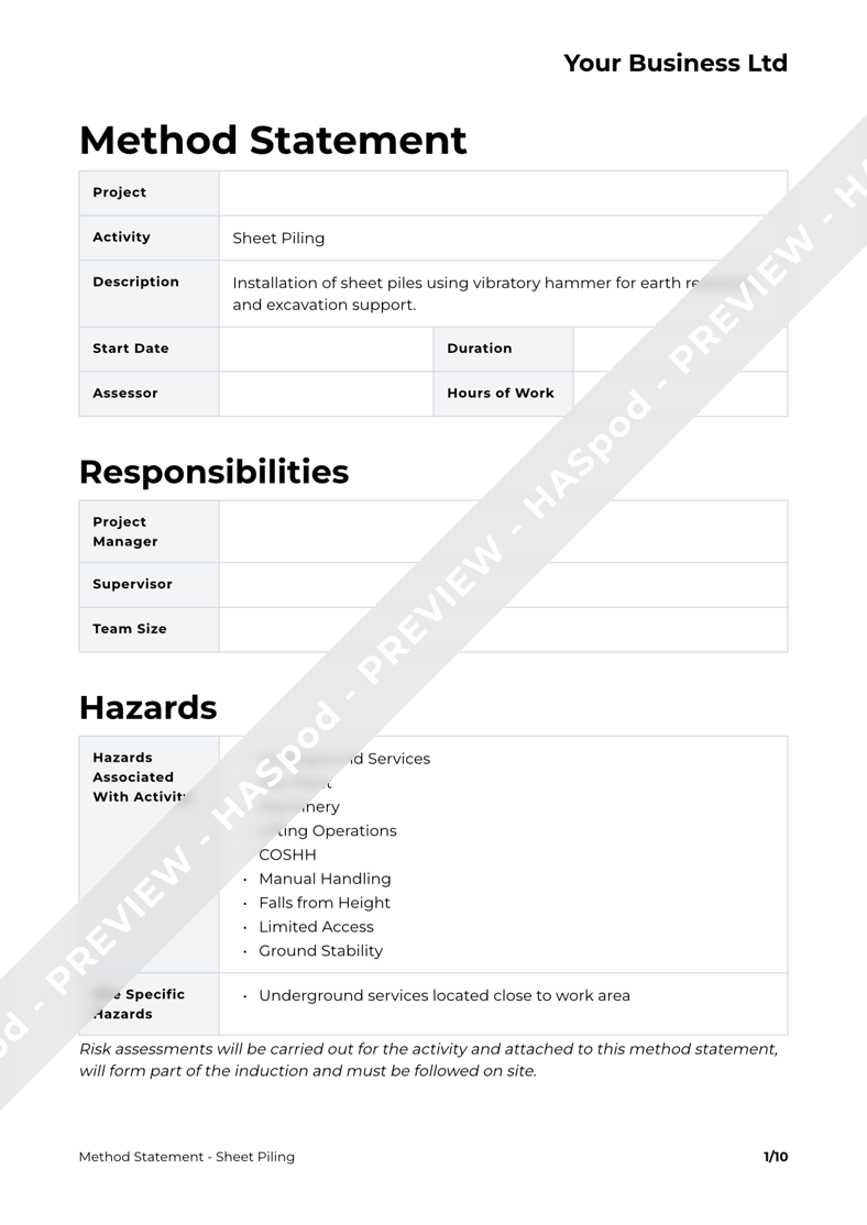 Sheet Piling Method Statement Template - HASpod