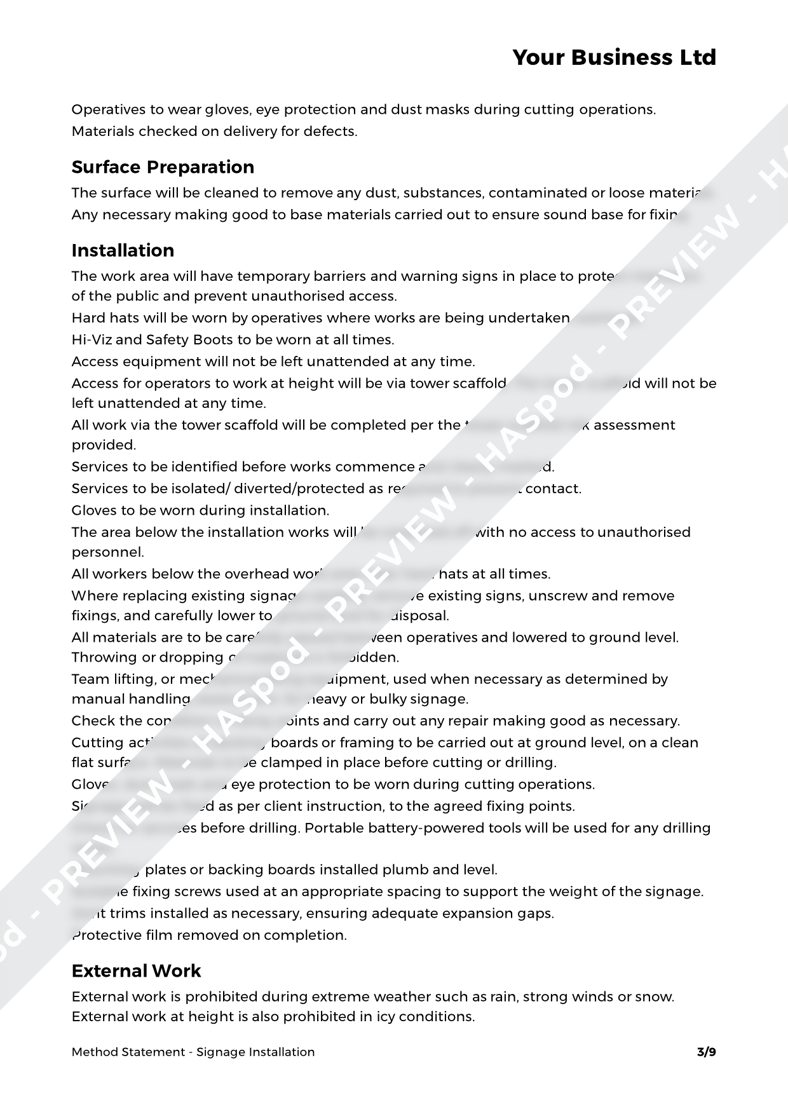 Signage Installation Method Statement Template HASpod