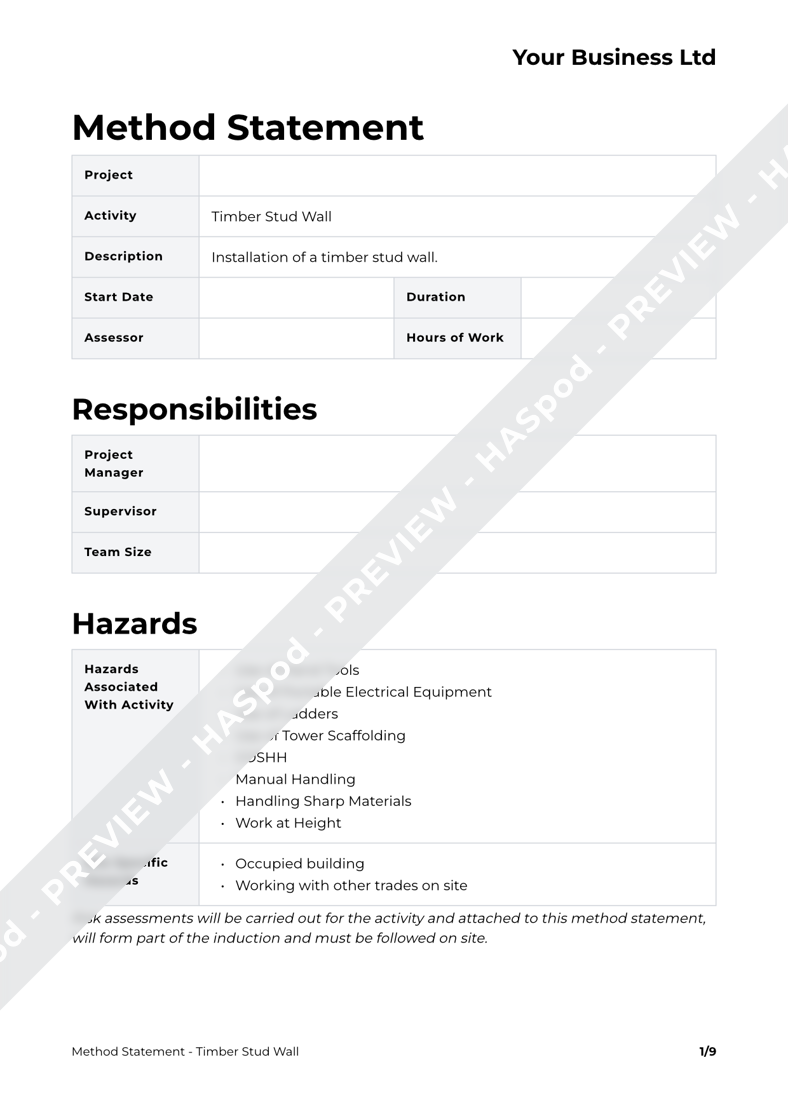 Timber Stud Wall Method Statement Template - HASpod