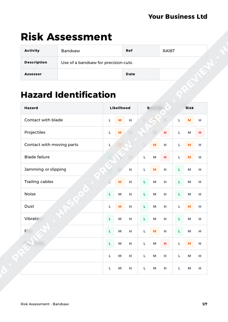 Bandsaw Risk Assessment Template HASpod