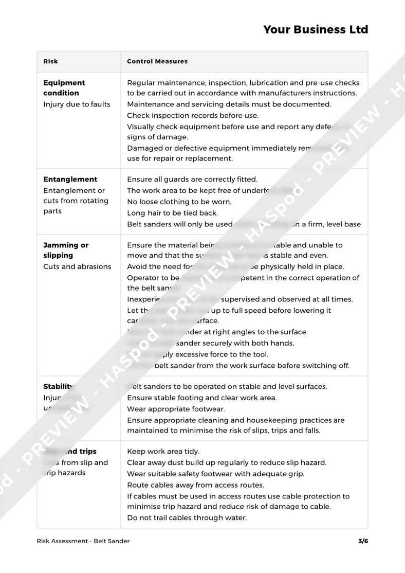 Belt Sander Risk Assessment Template HASpod