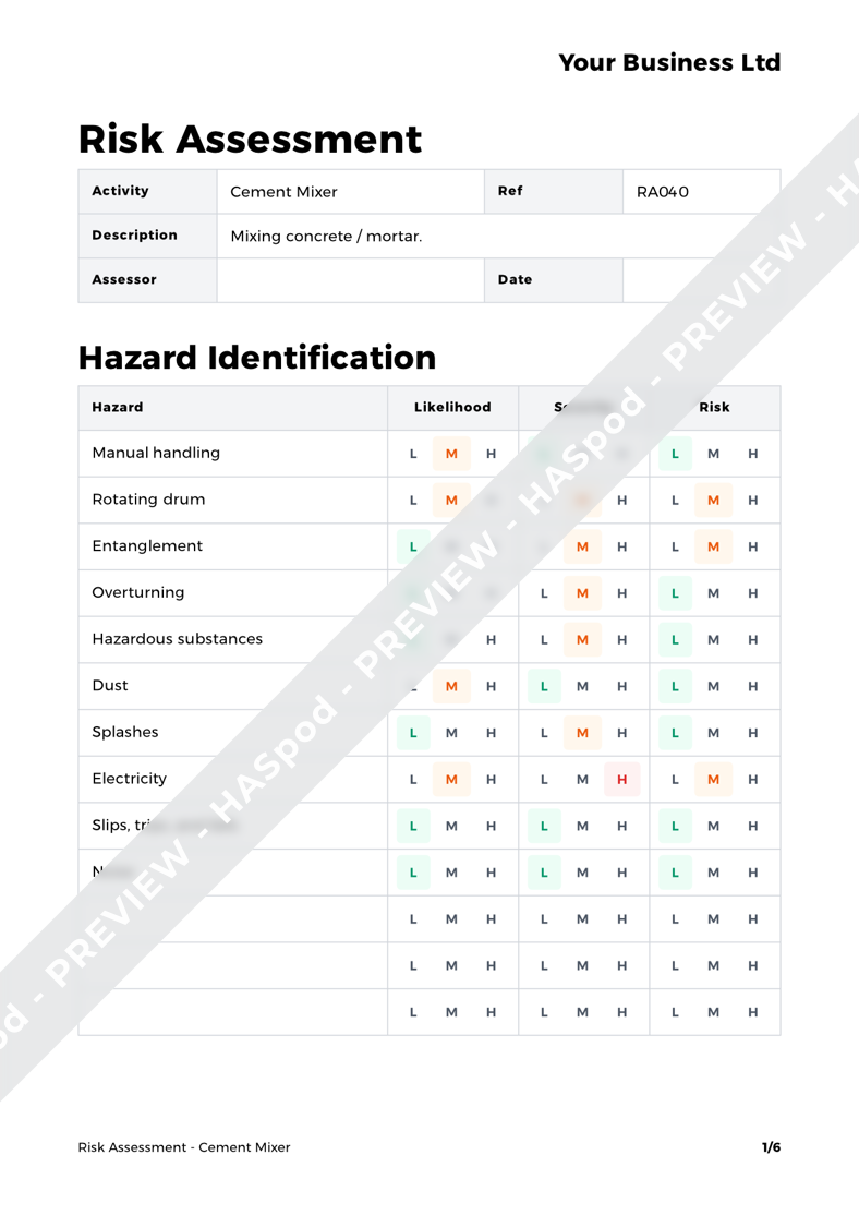 Cement Mixer Risk Assessment Template HASpod