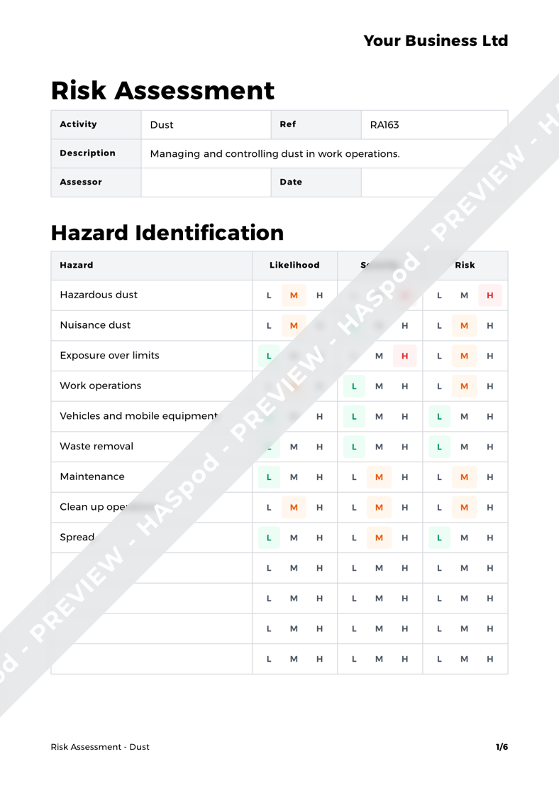 Dust Risk Assessment Template - HASpod