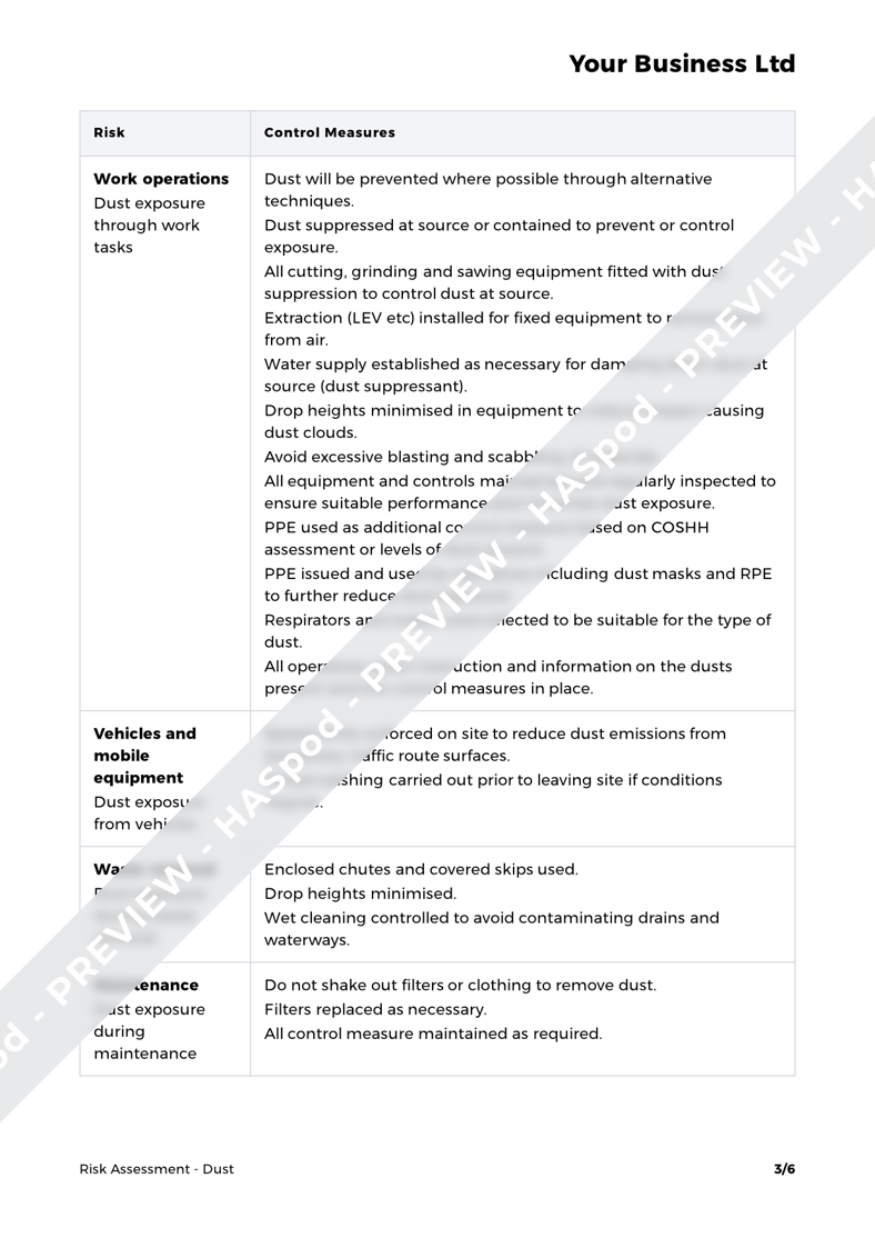 Dust Risk Assessment Template HASpod