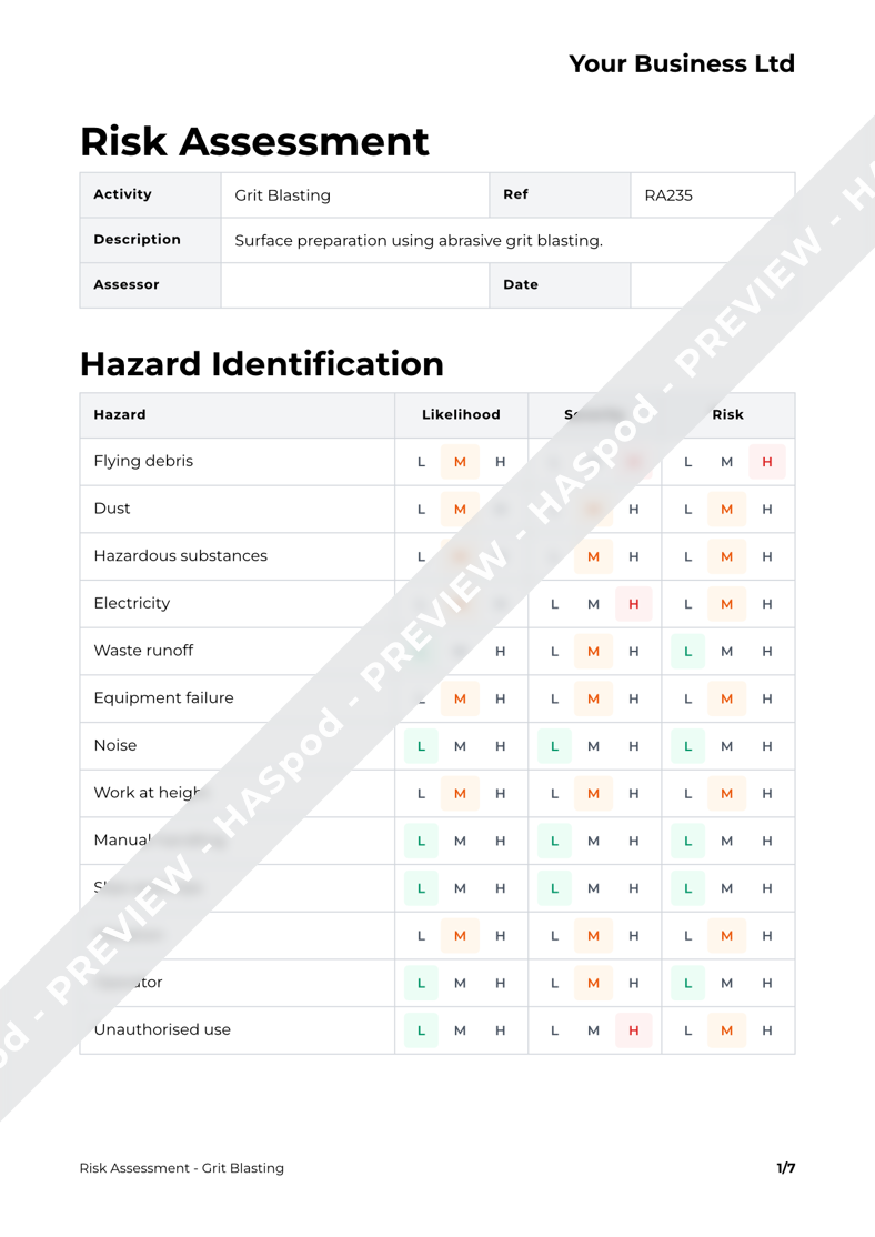 Grit Blasting Risk Assessment Template HASpod