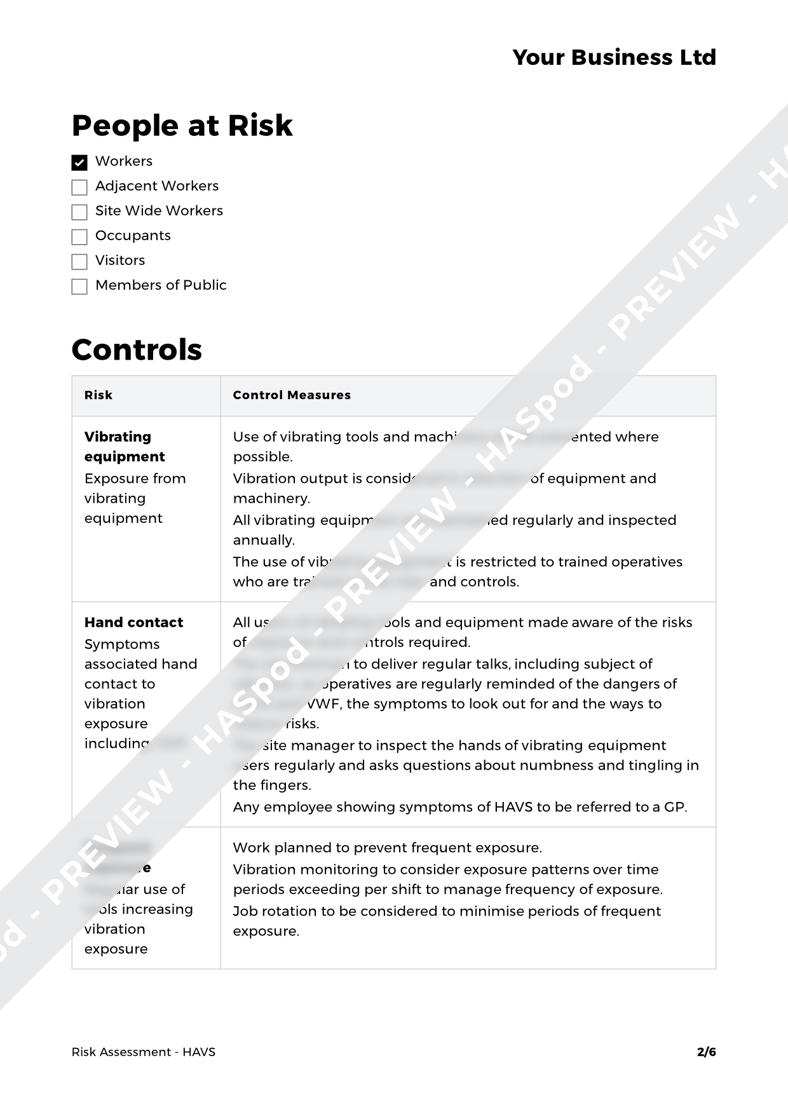 HAVS Risk Assessment Template HASpod