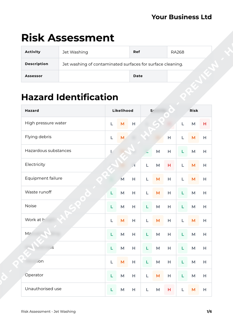 Jet Washing Risk Assessment Template - HASpod
