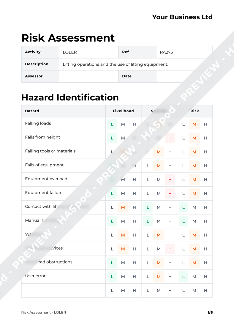LOLER Risk Assessment Template - HASpod