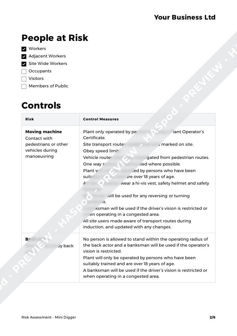 Mini Digger Risk Assessment Template - HASpod