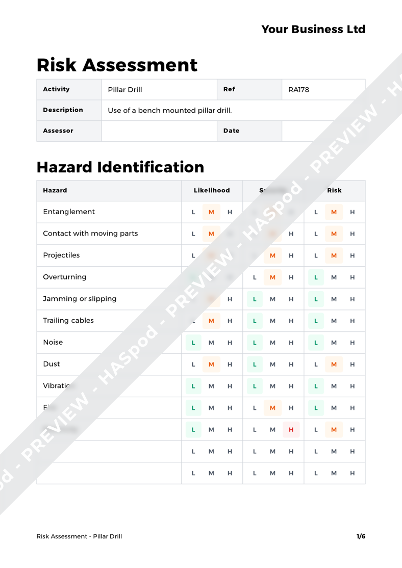 Pillar Drill Risk Assessment Template HASpod