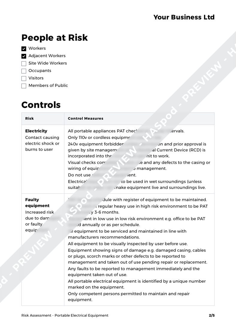 Electrical Equipment Risk Assessment Example Portable Electrical Equipment Risk Assessment Template - HASpod