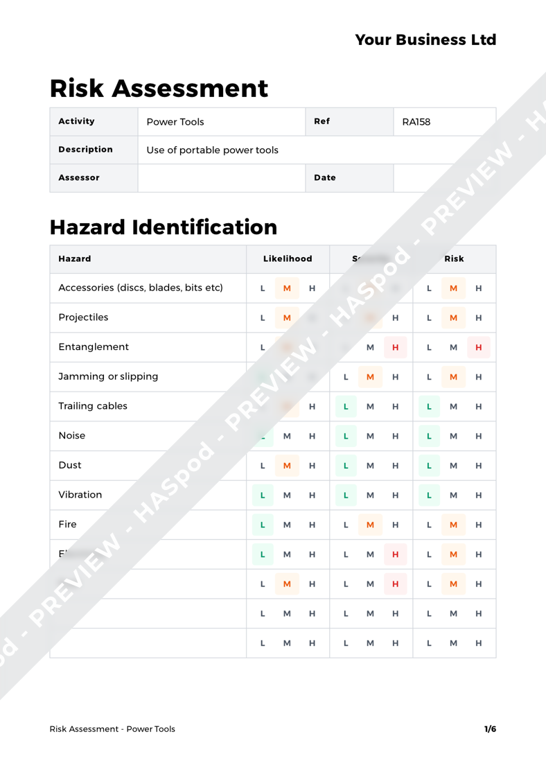 Power Tools Risk Assessment Template HASpod