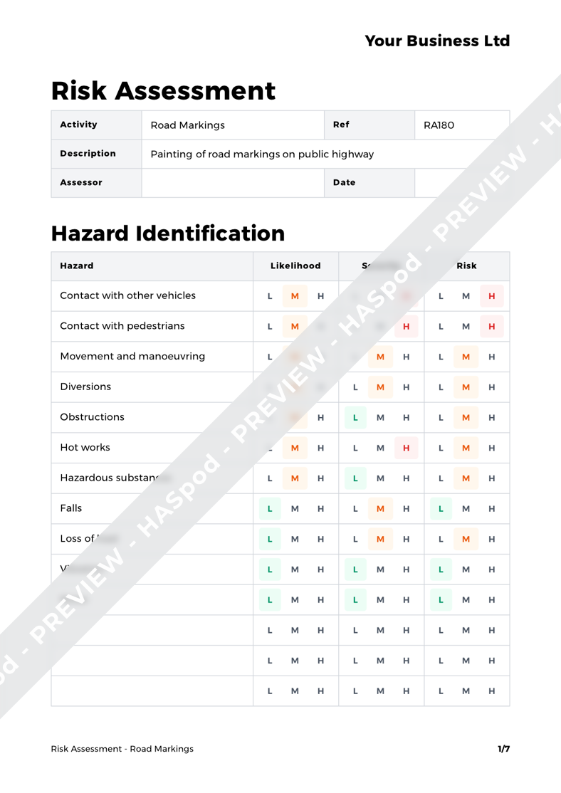 Road Markings Risk Assessment Template - HASpod