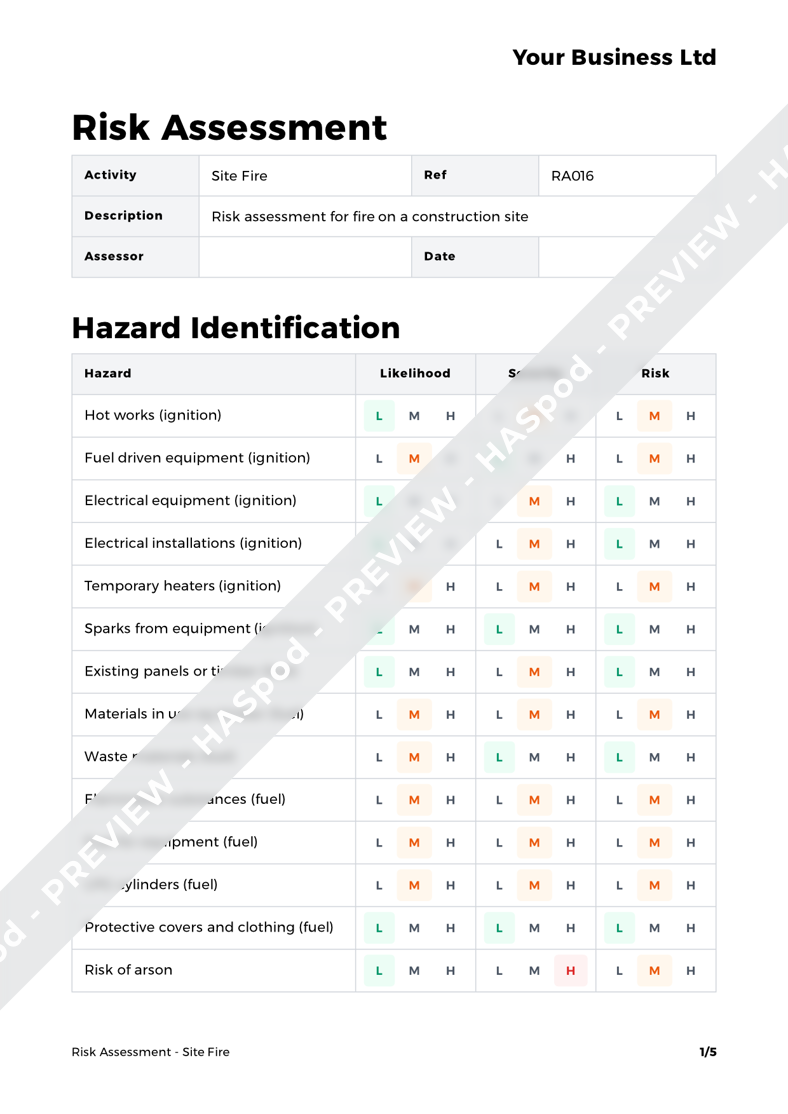 Site Fire Risk Assessment Template HASpod