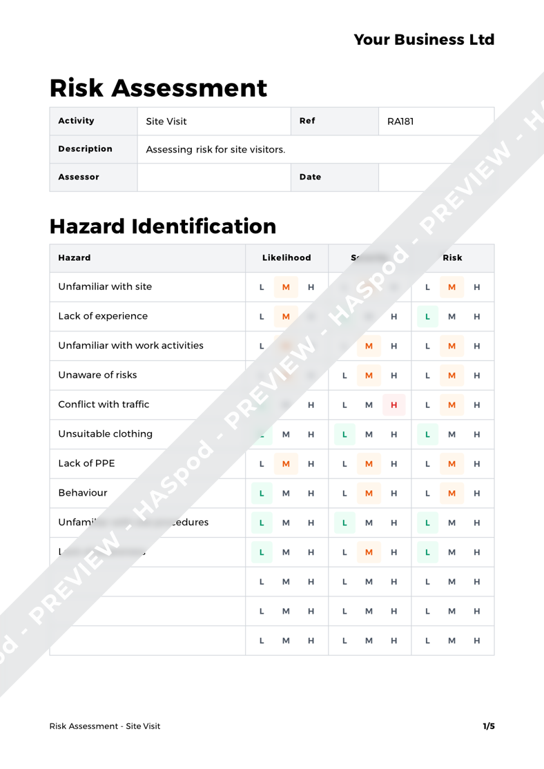 Site Visit Risk Assessment Template - HASpod