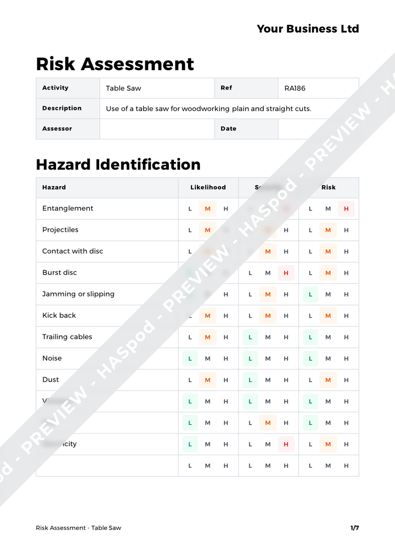 Table Saw Risk Assessment Template HASpod