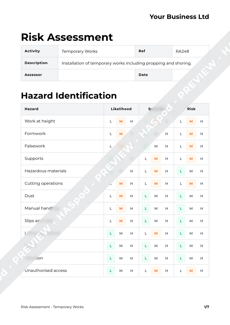 Temporary Works Risk Assessment Template - HASpod