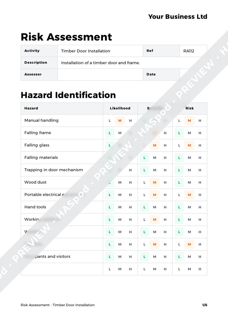 Timber Door Installation Risk Assessment Template - HASpod