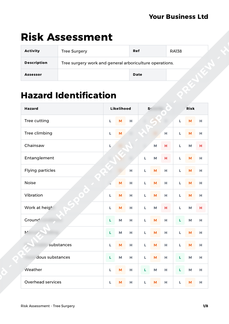 Tree Surgery Risk Assessment Template - HASpod