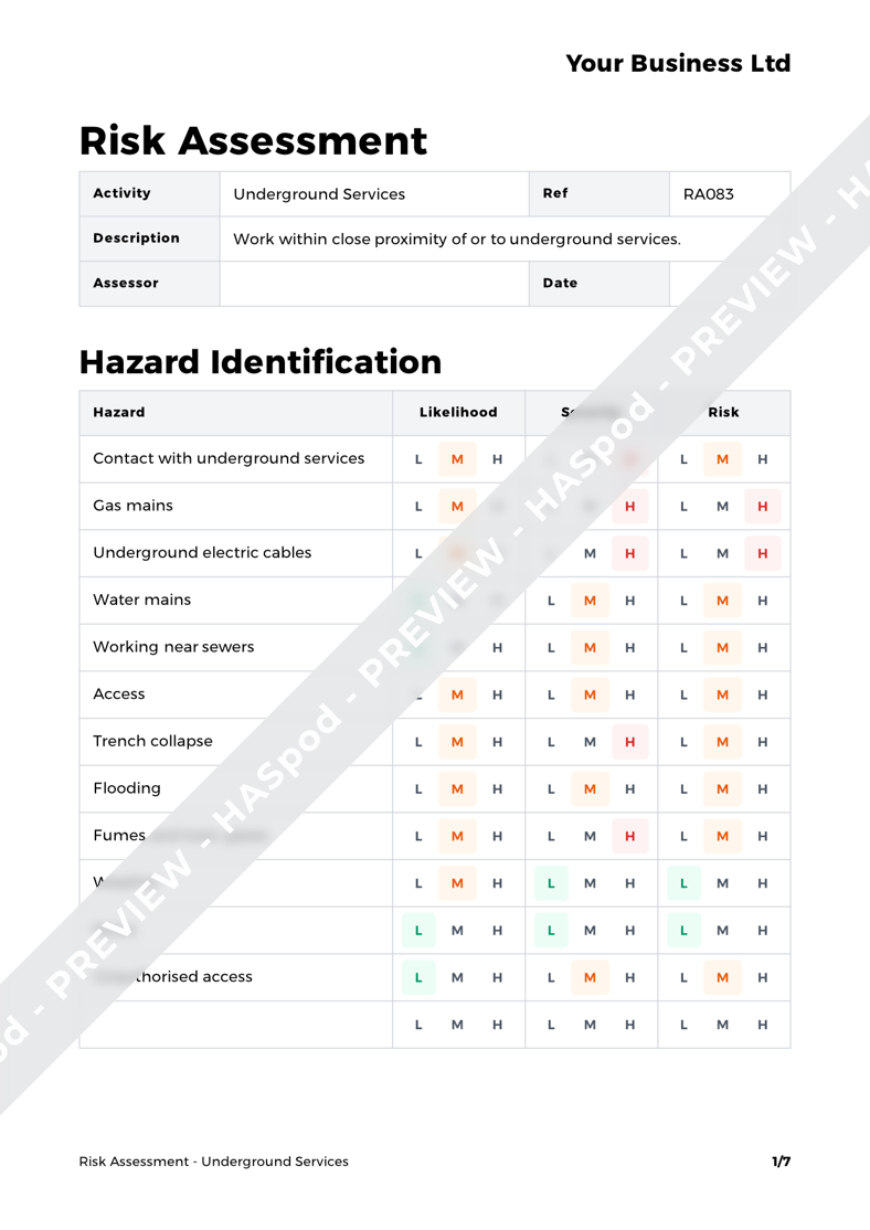 Underground Services Risk Assessment Template - HASpod