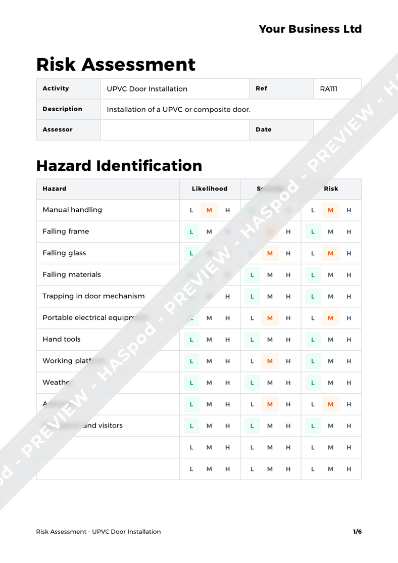 UPVC Door Installation Risk Assessment Template HASpod