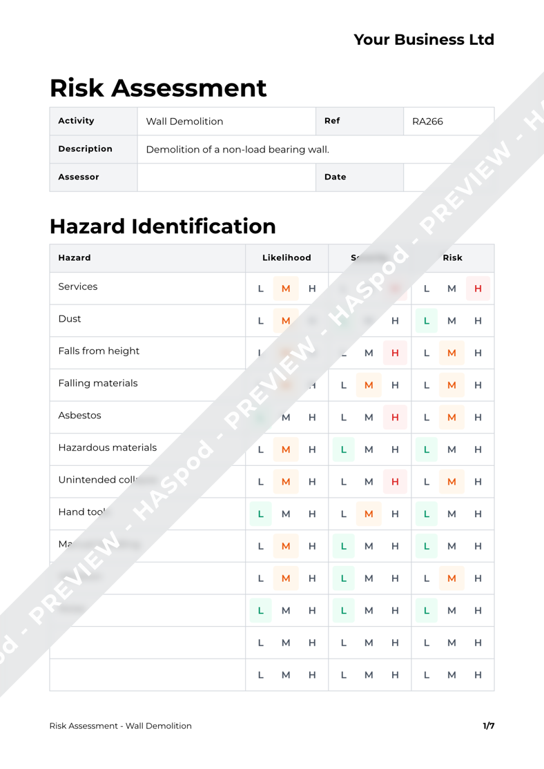 Wallclaimer Risk Wall Demolition Risk Assessment Template - HASpod