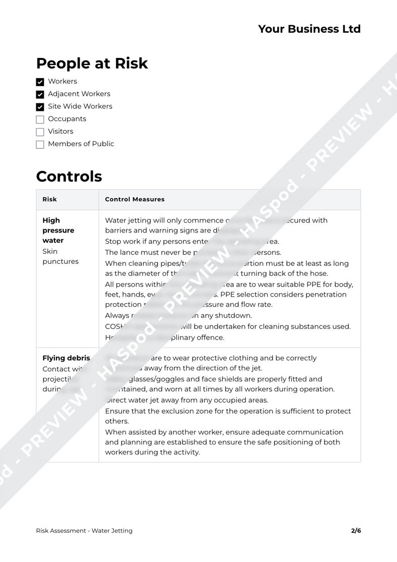 Water Jetting Risk Assessment Template HASpod