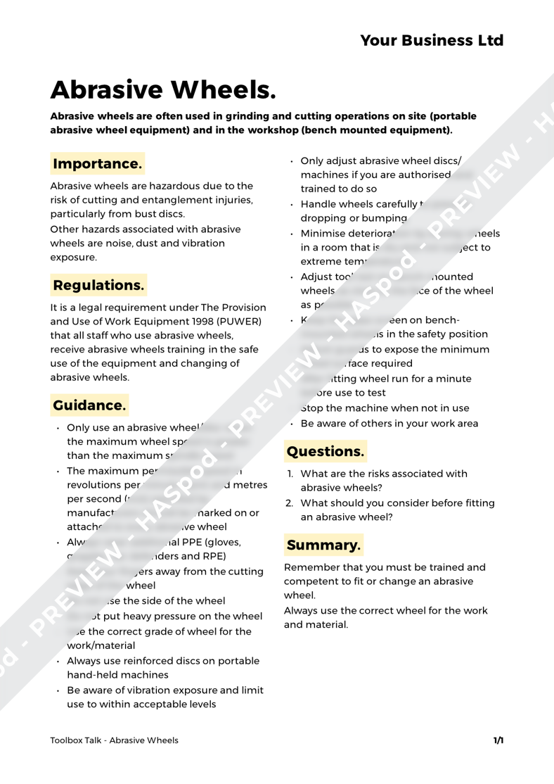 Abrasive Wheels Toolbox Talk Template HASpod